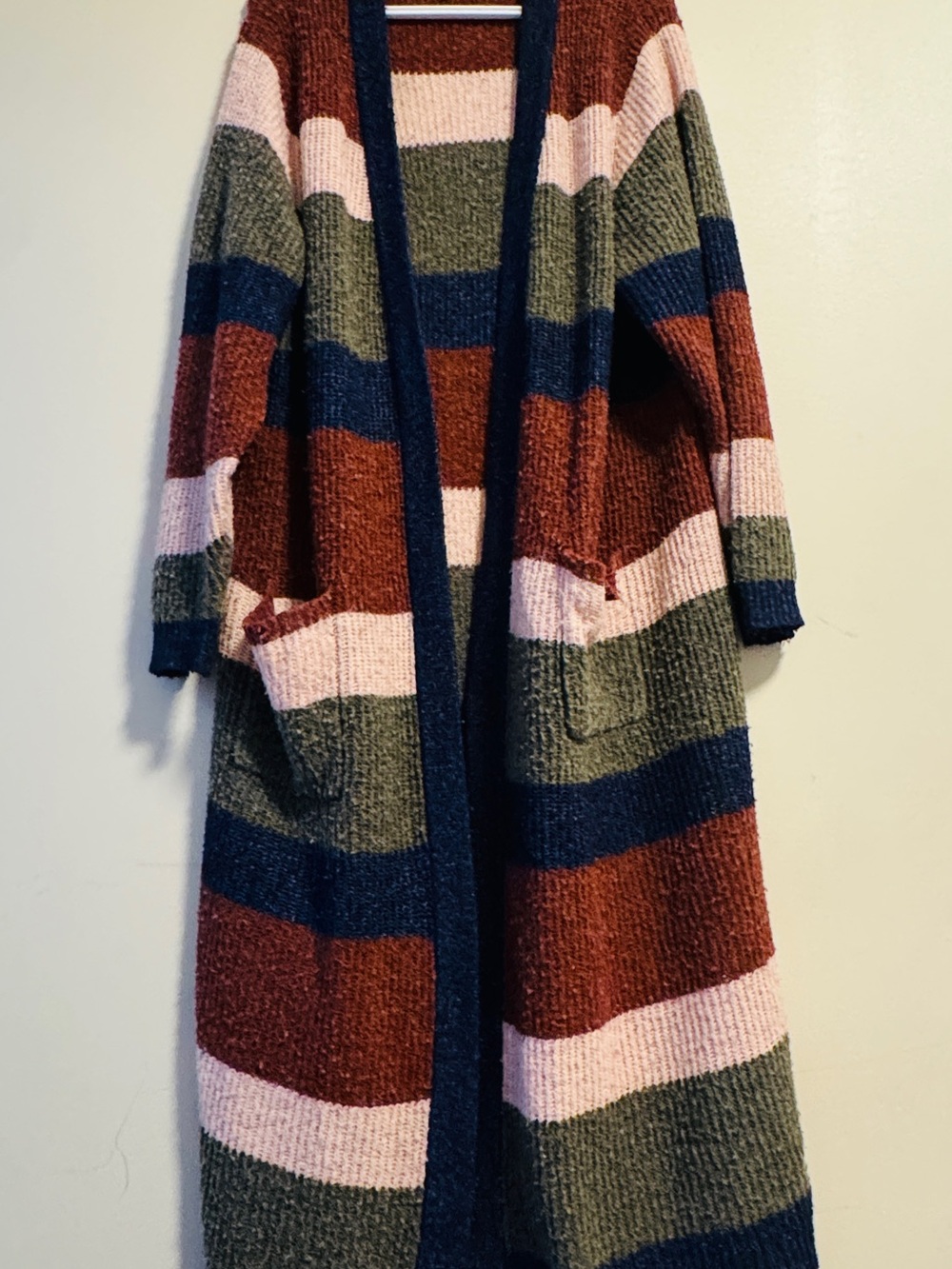 Torrid Long Open-Front Striped Cardigan in Rust, Olive, Navy & Blush Pink